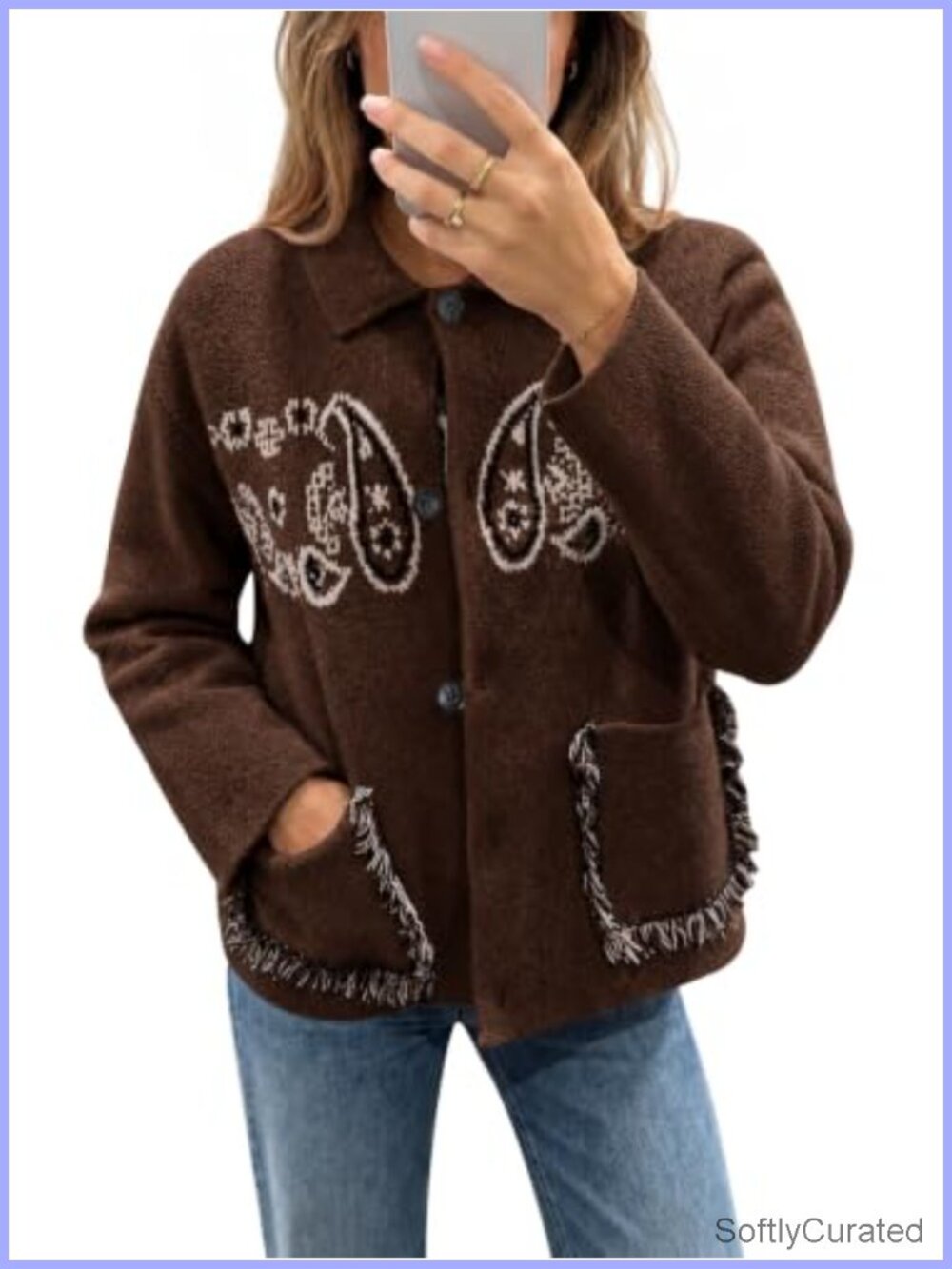 Womens Boho Cardigan Fringe Paisley Sweater with Pockets Button Down